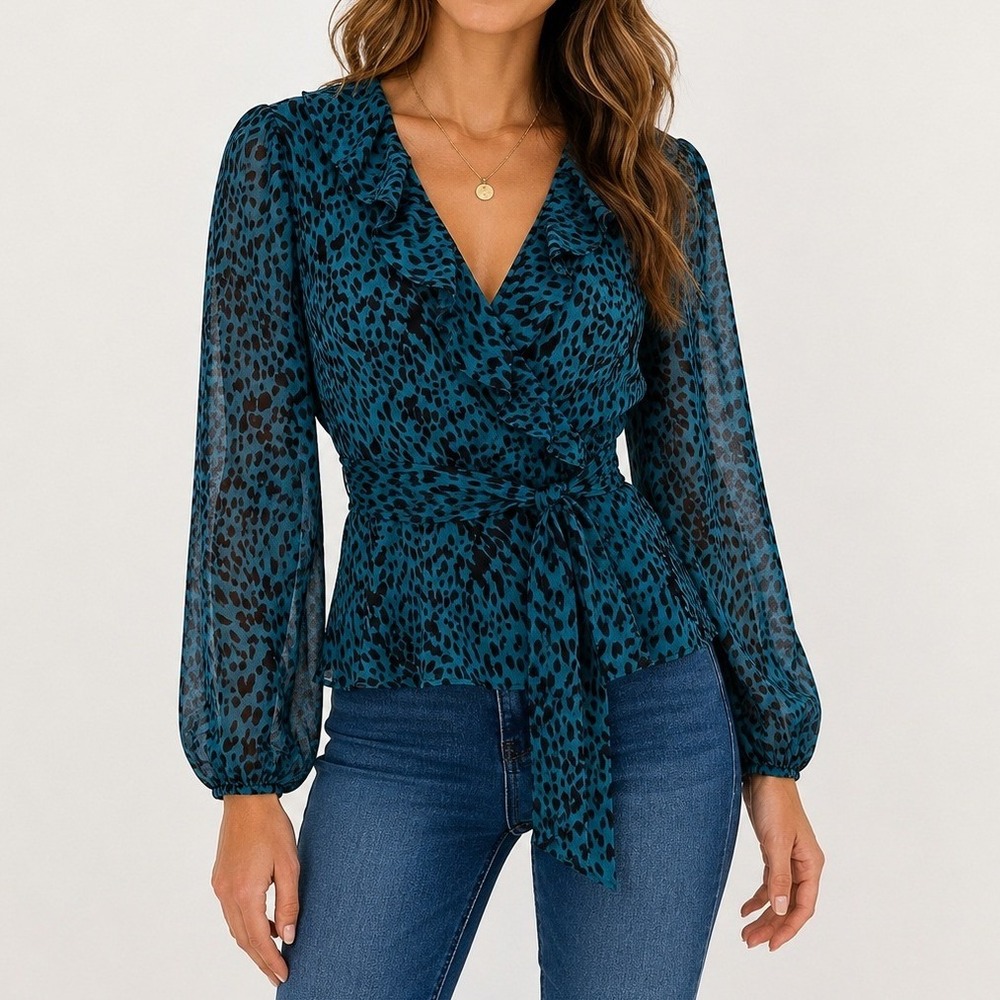 Koko + Mason Wrap Blouse Women Medium Teal Black Leopard Print Ruffle Excellent